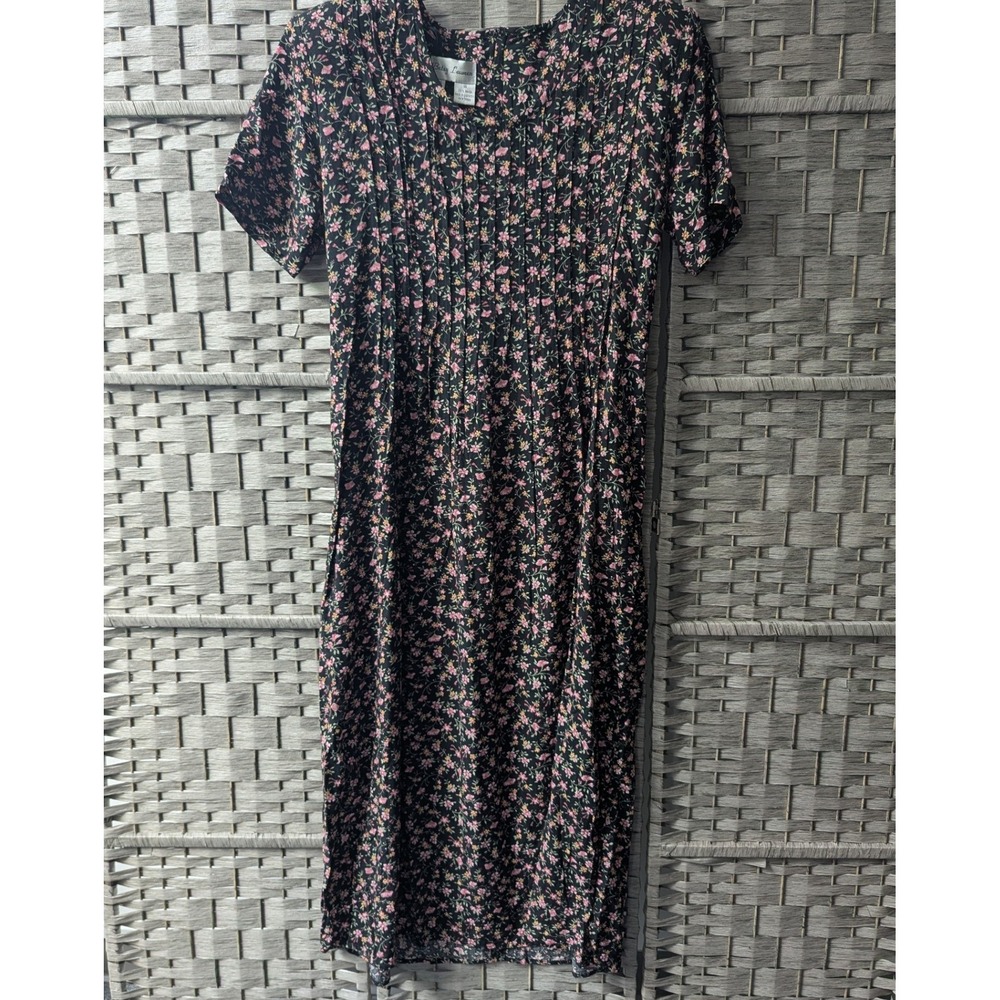 Vtg 90s Midi Dress Black Floral Pleated Rayon Tie Waist Sz 14 Cottagecore Boho